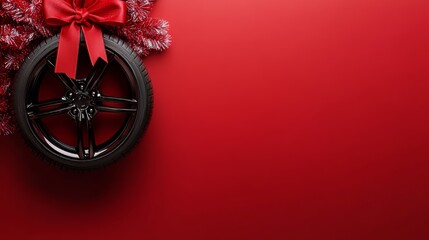 Car tires new tyres winter wheels isolated on red christmas background with bow ribbon present.