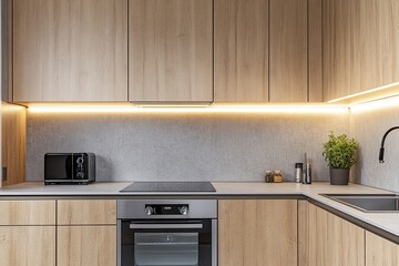 minimalist scandinavian kitchen with light wood cabinets, white walls and grey backsplash