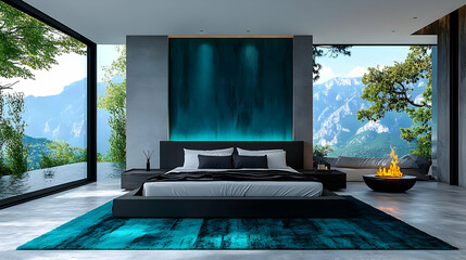 Modern bedroom with large windows overlooking a mountain view, featuring a king-size bed, a blue wall, and a fireplace.