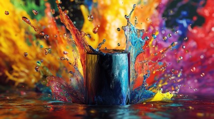 A black cylinder in a splash of colorful liquid.