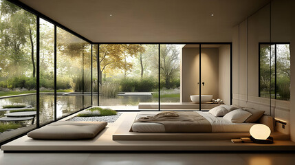 Poster - Modern bedroom with large windows overlooking a pond and garden.