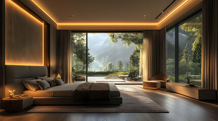 Sticker - Modern bedroom with large windows overlooking a scenic mountain view and a swimming pool.