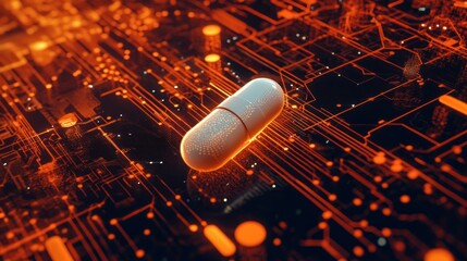 Poster - a white pill on a circuit board with orange glowing lines, illuminated in the dark.