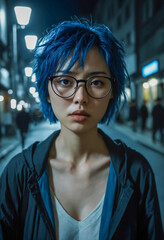 Wall Mural - portrait of a woman with short blue hair wearing glasses with urban background. Generative AI