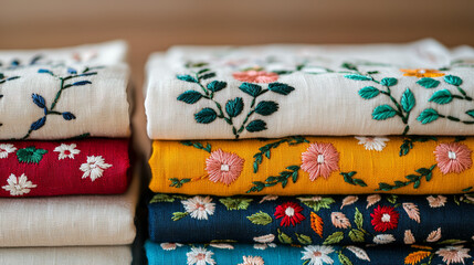 Artistic display of embroidered napkins with vibrant floral patterns