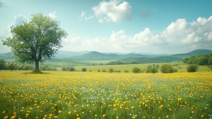 Canvas Print - Sunny Meadow with Single Tree and Distant Hills