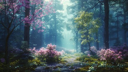 Poster - Enchanted Forest Path with Blooming Trees