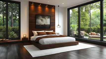 Wall Mural - Modern bedroom with large windows, a wooden bed frame, and a wooden wall behind the bed.