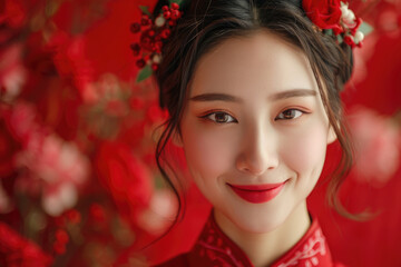 Wall Mural - A young Chinese woman, close-up photo of her head with a red background