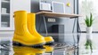 © Sariyono - Yellow rain boots placed on a reflective wet floor in a modern office space. Concept of work-life balance, fashion, and weather protection.