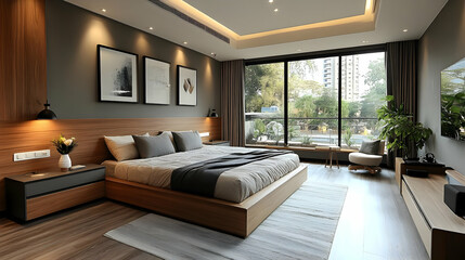 Wall Mural - Modern bedroom with large windows, wooden floors, a king-size bed, and a plush rug.