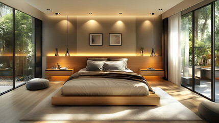 Modern bedroom with large windows, wooden platform bed, and two bedside tables.