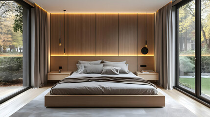 Poster - Modern bedroom with large windows, wooden wall paneling, and a comfortable bed.