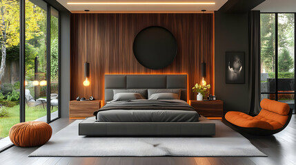 Poster - Modern bedroom with large windows, wooden wall paneling, and a gray upholstered bed with a statement orange chair.