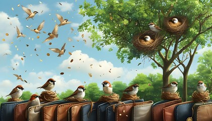 Nurturing Nest of Financial Growth: Birds Building Home in a Wallet Amidst Lush Trees and Clear Sky