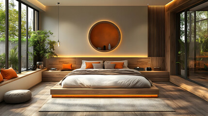 Poster - Modern bedroom with wooden bed, large windows, and an orange circle accent wall.