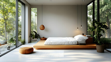 Sticker - Modern bedroom with wooden platform bed, large windows, and a minimalist aesthetic.