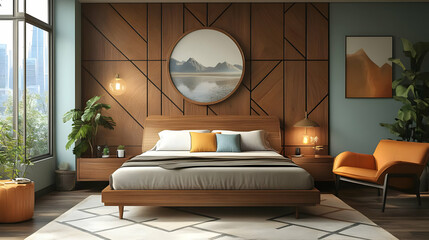 Modern bedroom with wooden wall panels, a large window overlooking a city, and a comfortable bed with pillows.