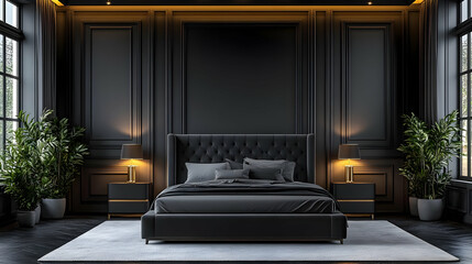 Wall Mural - Modern black bedroom with large bed, two bedside tables, and large windows.