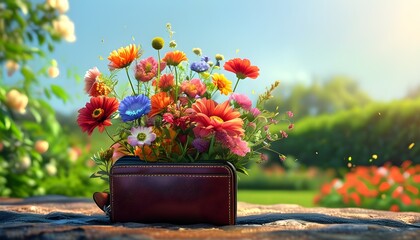 Wall Mural - Flourishing Flowers from Coin Purse Symbolizing Prosperity in Lush Garden Under Clear Sky