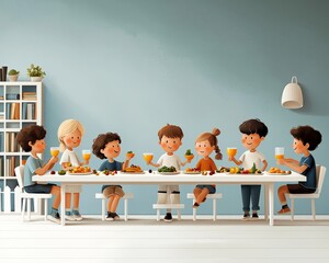 Kids Sharing a Meal A LowAngle Perspective of a Table Full of Food and Smiling Children