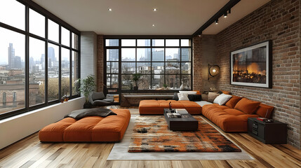 Wall Mural - Modern living room with exposed brick wall, large windows, and comfortable orange sofa.