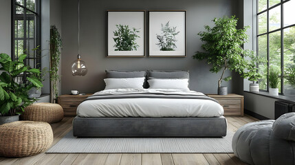 Wall Mural - Modern minimalist bedroom interior design with a king-size bed, grey bedding, wooden floor, and large windows.