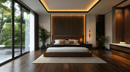 Canvas Print - Modern minimalist bedroom with a wooden bed frame, dark wood floors, and large windows overlooking a garden.