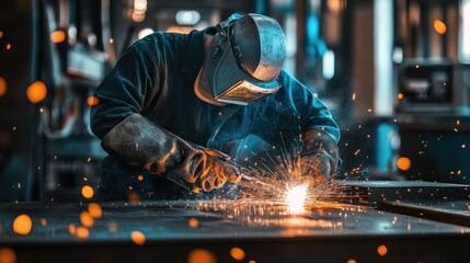 A welder in a dark blue jumpsuit and a welding mask works on a metal surface, sparks fly, and a cloud of smoke fills the air.