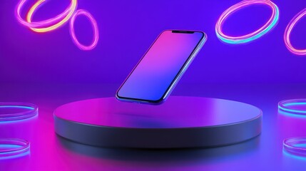 Sticker - smartphone on a round platform with vibrant neon circles on a purple background.