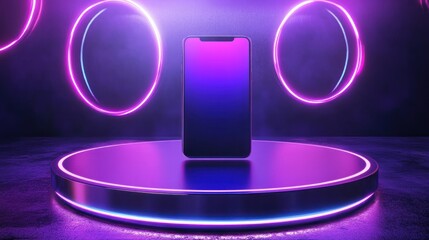 Wall Mural - smartphone mockup on round pedestal with neon glowing circles in purple background.