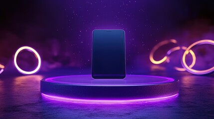 Wall Mural - smartphone on neon podium with purple and pink lights.
