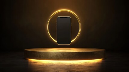 Wall Mural - a black smartphone with a golden halo floats above a golden podium with glowing edges.
