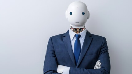 Humanoid robot in a formal suit with a blank face standing against a gray wall. Futuristic business and artificial intelligence concept.