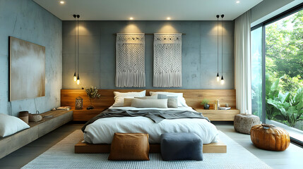 Wall Mural - Modern minimalist bedroom with concrete wall, wooden headboard, and large windows overlooking lush greenery.