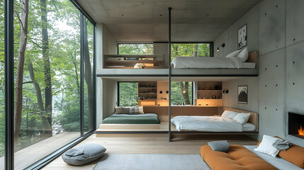 Wall Mural - Modern minimalist bedroom with concrete walls, large windows, wooden floor, and beds on a platform.