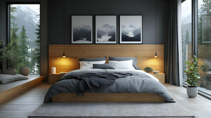 Wall Mural - Modern minimalist bedroom with wooden headboard, gray bedding, and mountain view.