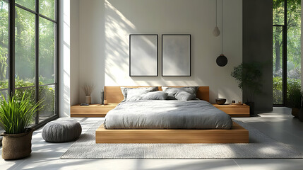 Wall Mural - Modern minimalist bedroom with wooden platform bed, large windows, and two blank picture frames.