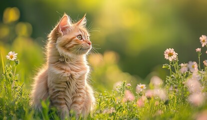 Cute fluffy cat sitting in the grass, spring nature background, green meadow with wild flowers