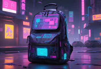 A backpack with futuristic cyberpunk background