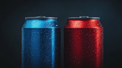 Two aluminum cans with water droplets on a black background.