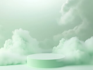 A serene green podium surrounded by soft clouds, ideal for presentations or product displays in a tranquil setting.