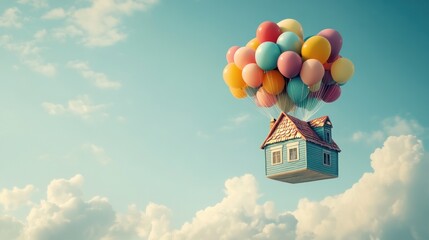 Wall Mural - a small wooden house with red roof floats through the sky held aloft by a bunch of colorful balloons