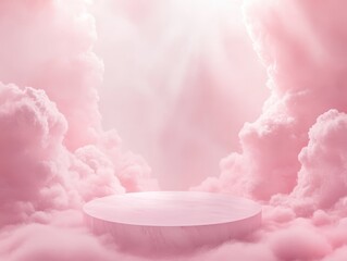 A serene pink sky filled with fluffy clouds and a glowing circular platform, perfect for presentations or dreamy visuals.