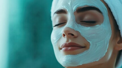 Close-up of a woman's face with a white face mask applied.