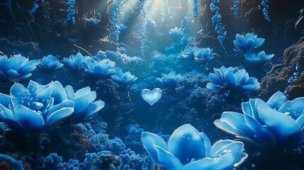 Glowing Blue Underwater Flowers Blooming in Ethereal Seabed Landscape