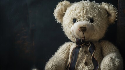 portrait of white teddy bear with ribbon around the neck