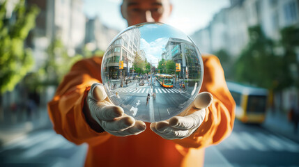 A man standing in a laboratory wearing orange work clothes, the focus is on the glass orb in his hands, inside the glass orb is an image of a downtown intersection with green surroundings