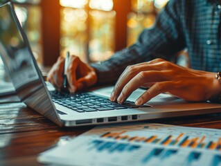 Wall Mural - Businessman working with financial charts and analysis data on an office desk, using a laptop computer and smartphone to help the company engaged in business planning or market research for operationa