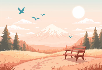 Wall Mural - Mountain View with Bench and Birds